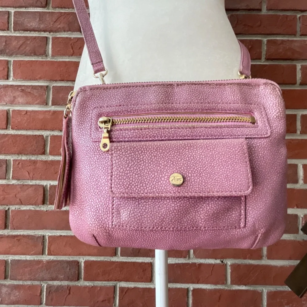 •Abas Pink Lavender Embossed Leather Crossbody Bag ZipClutch Pouch